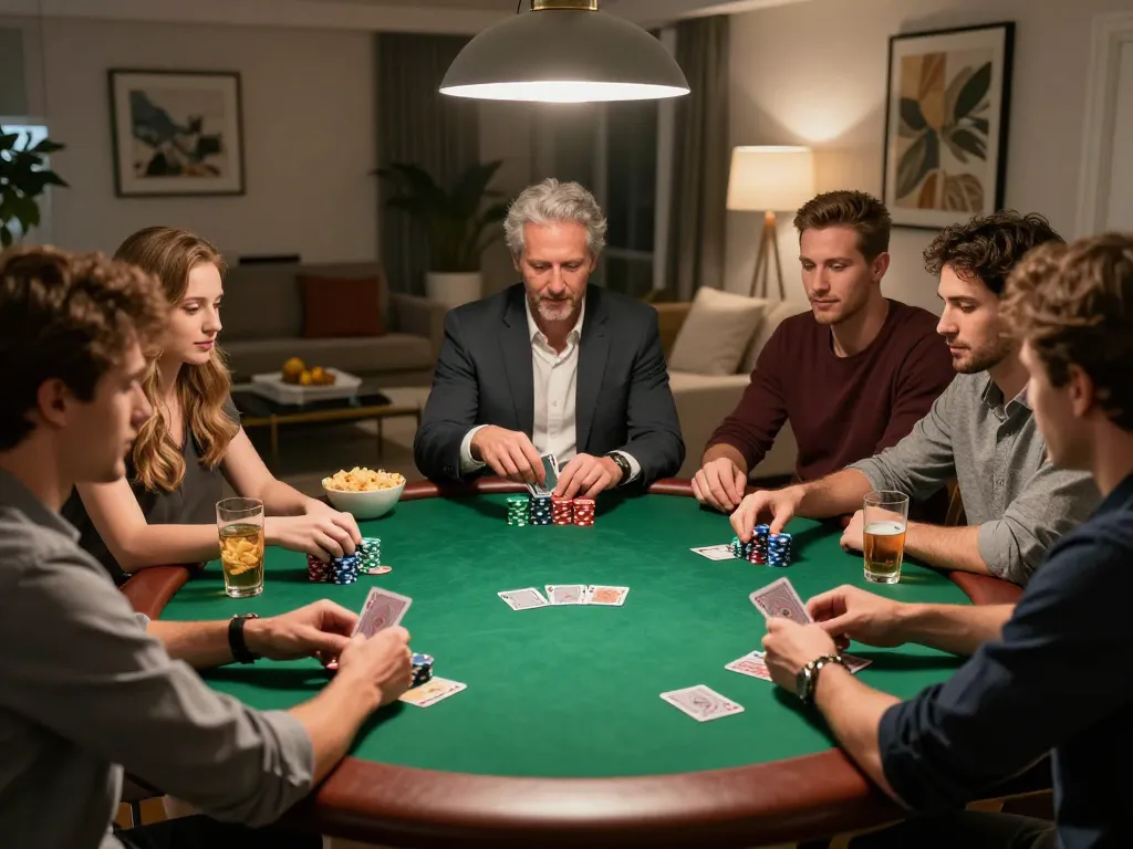 Friends engaging in a poker game at home with FAFA 828 strategy in focus, chips and cards in action.
