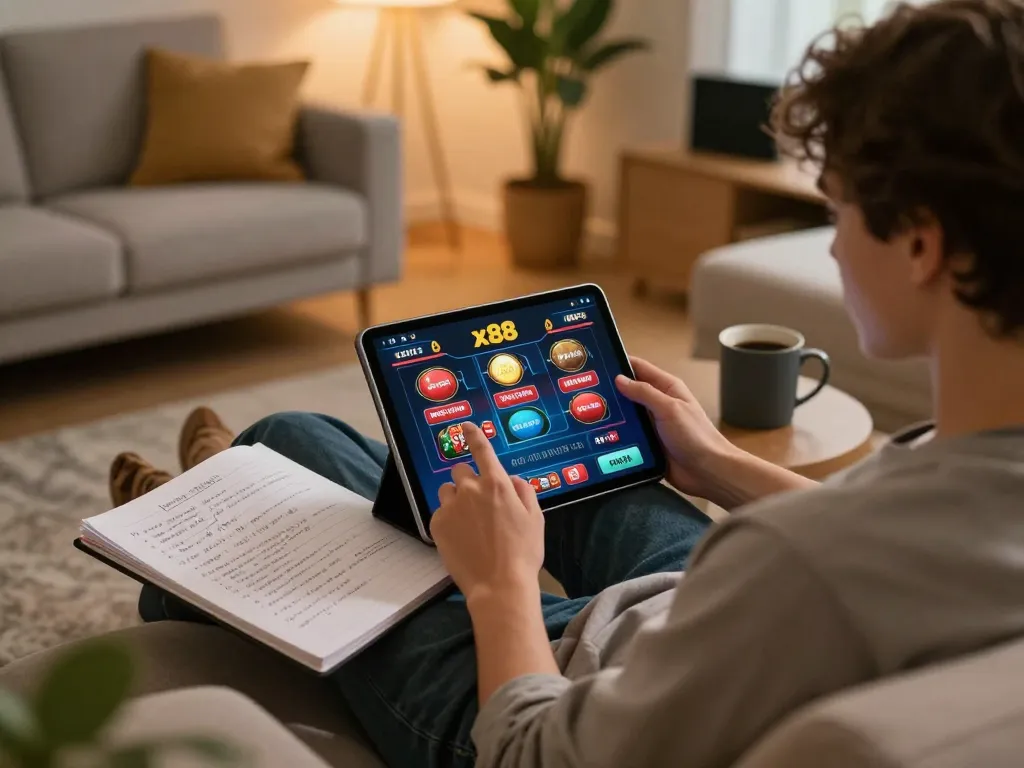 x88 player engaged in online gambling on tablet in a cozy living room setting