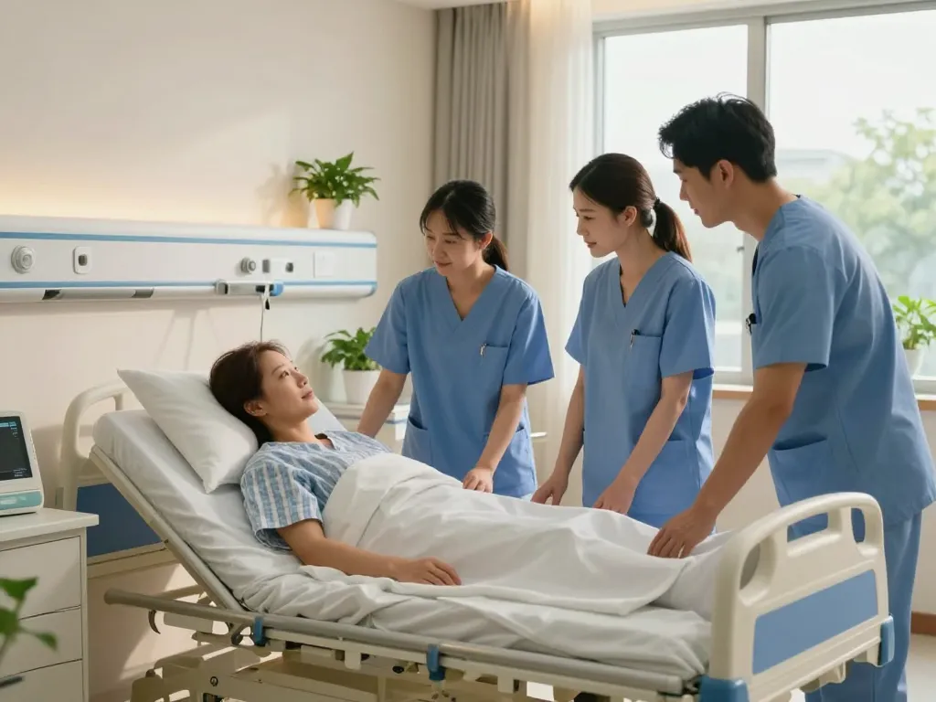 Comfortable giường bệnh nhân in a healthcare setting with caregivers attending to a patient.