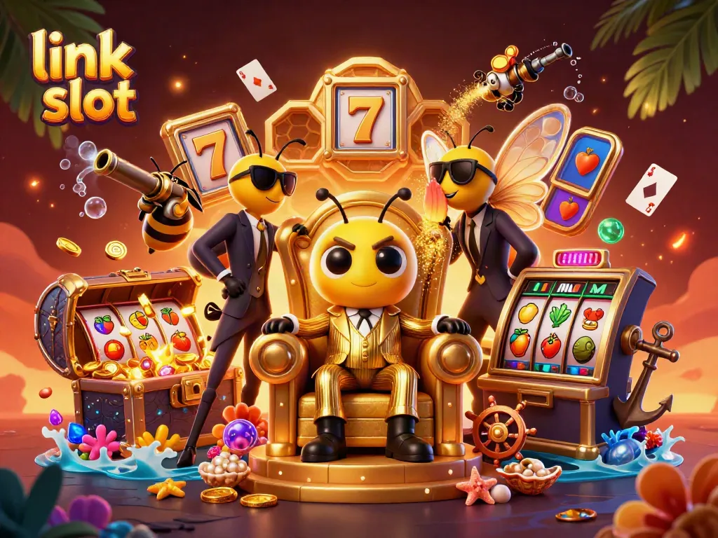 Link slot yang menampilkan karakter kartun 3D di ruang tahta dengan elemen mesin slot
