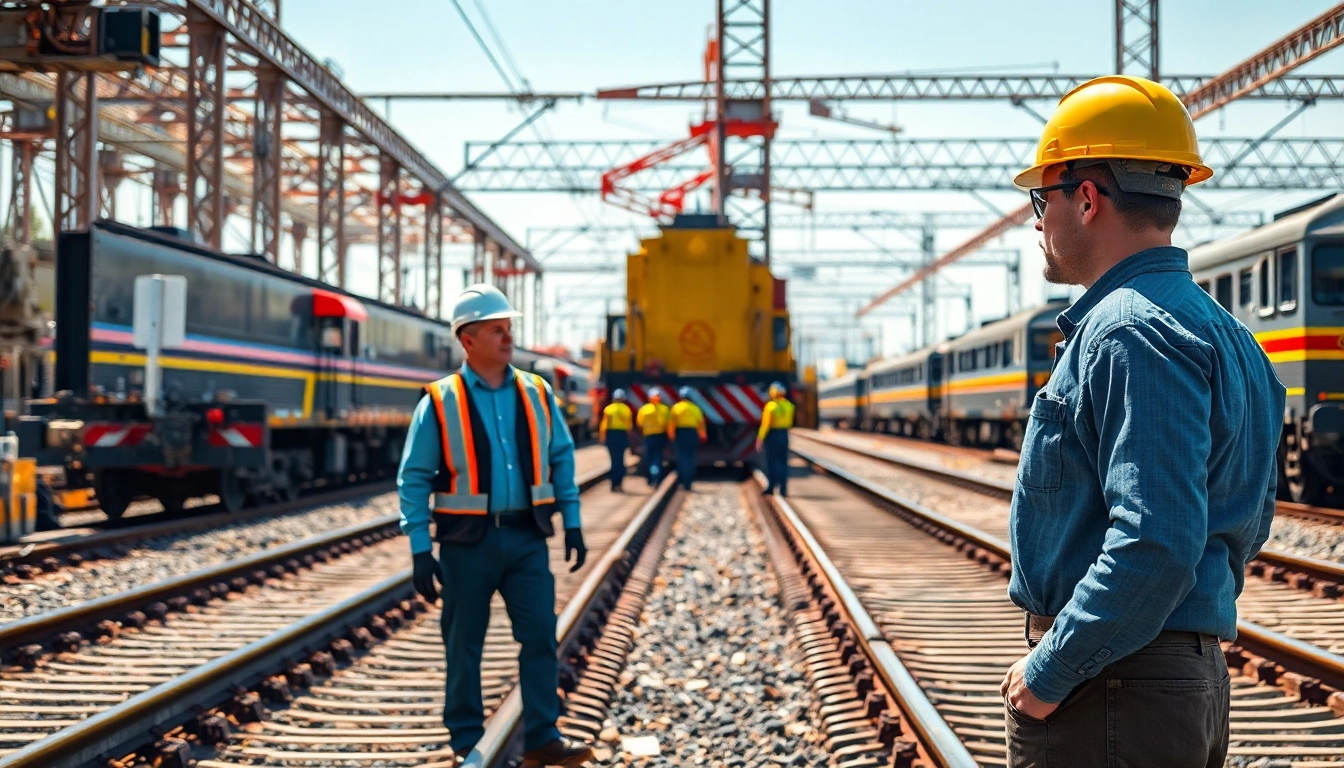 Rail contractor Canada managing a busy construction site with workers and machinery.
