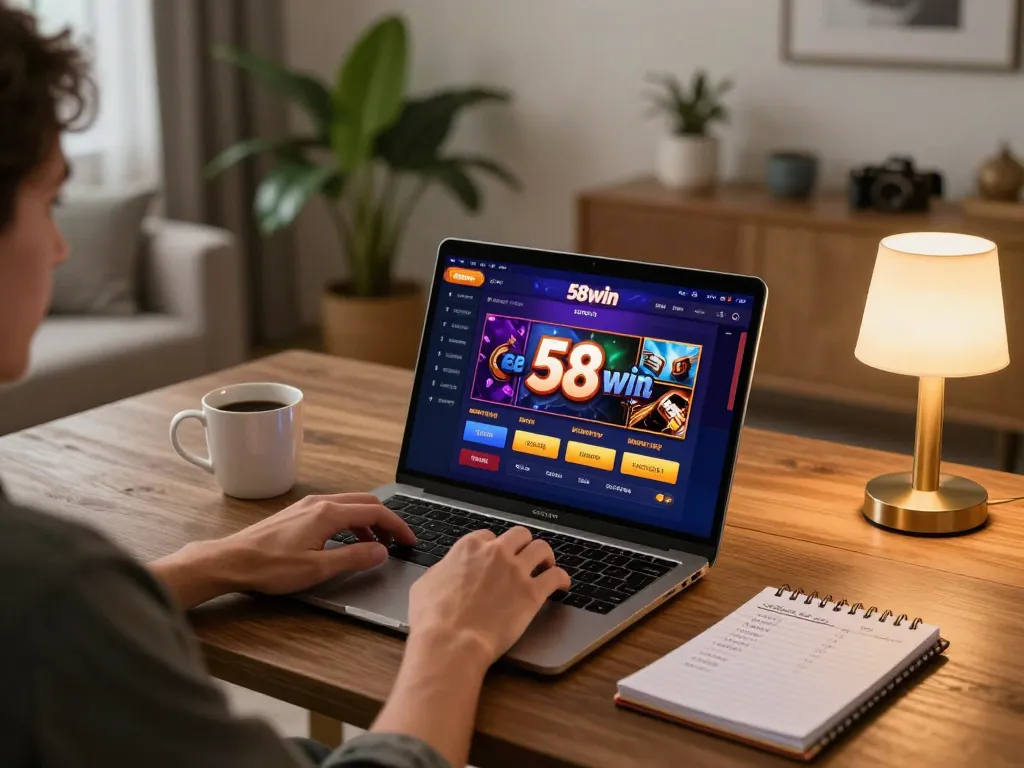 Player enjoying online casino gaming on 58win with strategic planning materials on the table.