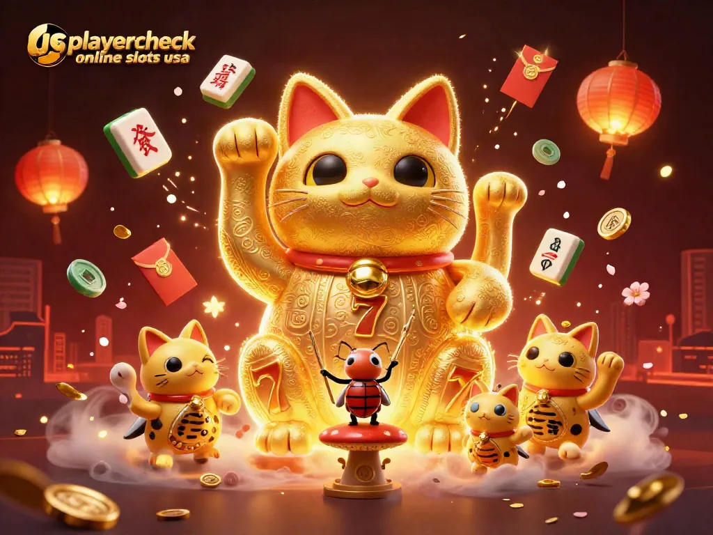 Engage with vibrant usplayercheck online slots usa, seeing a lucky cat formed by fireflies amidst casino symbols and festive decorations.