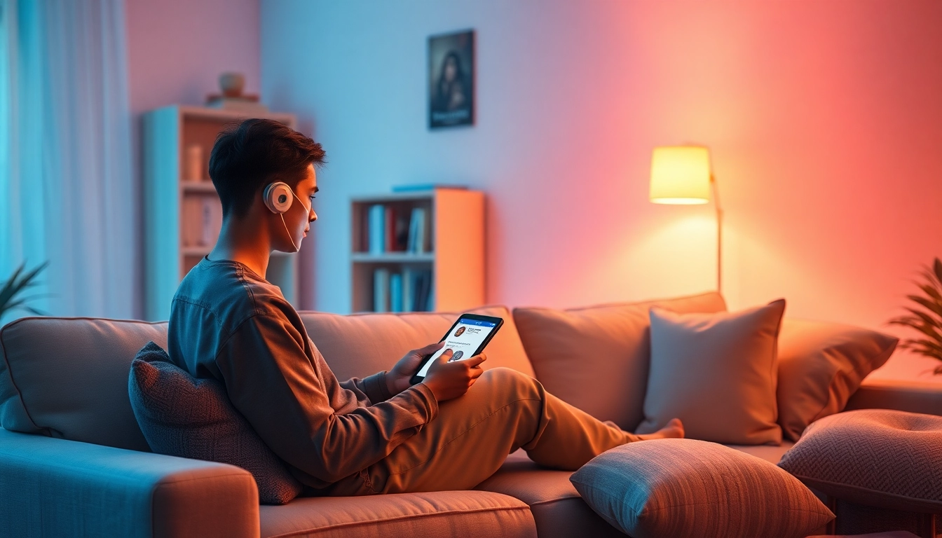 Engaging in a sex AI chat in a cozy, inviting room with ambient lighting.