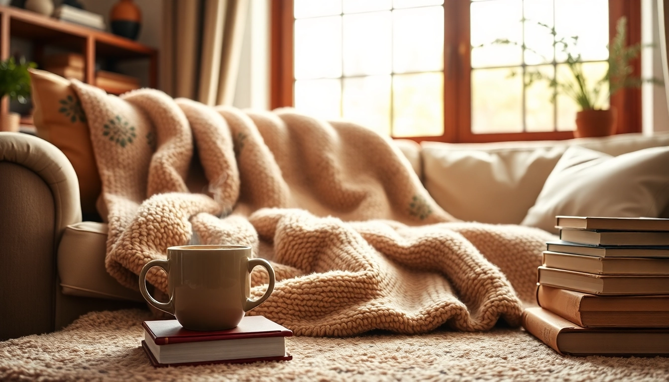 Fleece deken op een knusse bank met warme kleuren en een aantal boeken.