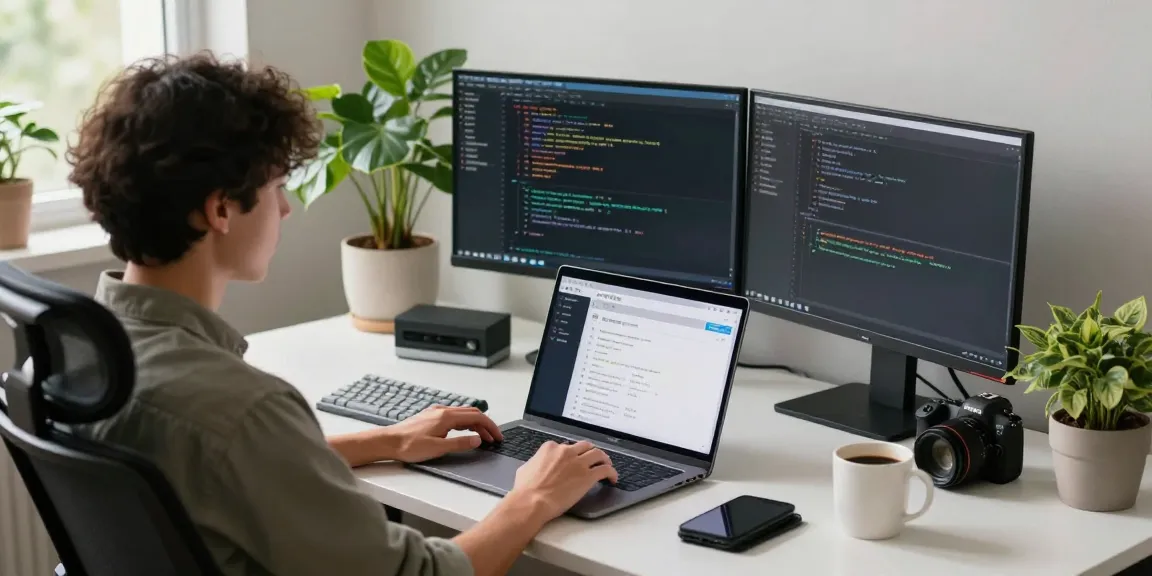 Engaged developer using 纸飞机中文版 app in a modern tech workspace with dual monitors and a cozy atmosphere.
