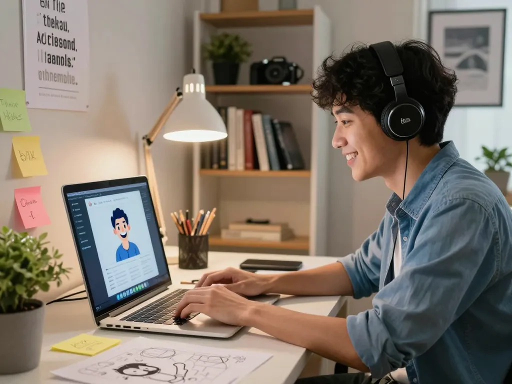 AI chat interaction in a warm home office with friendly AI avatar on laptop, ideal for ia +18 discussions.