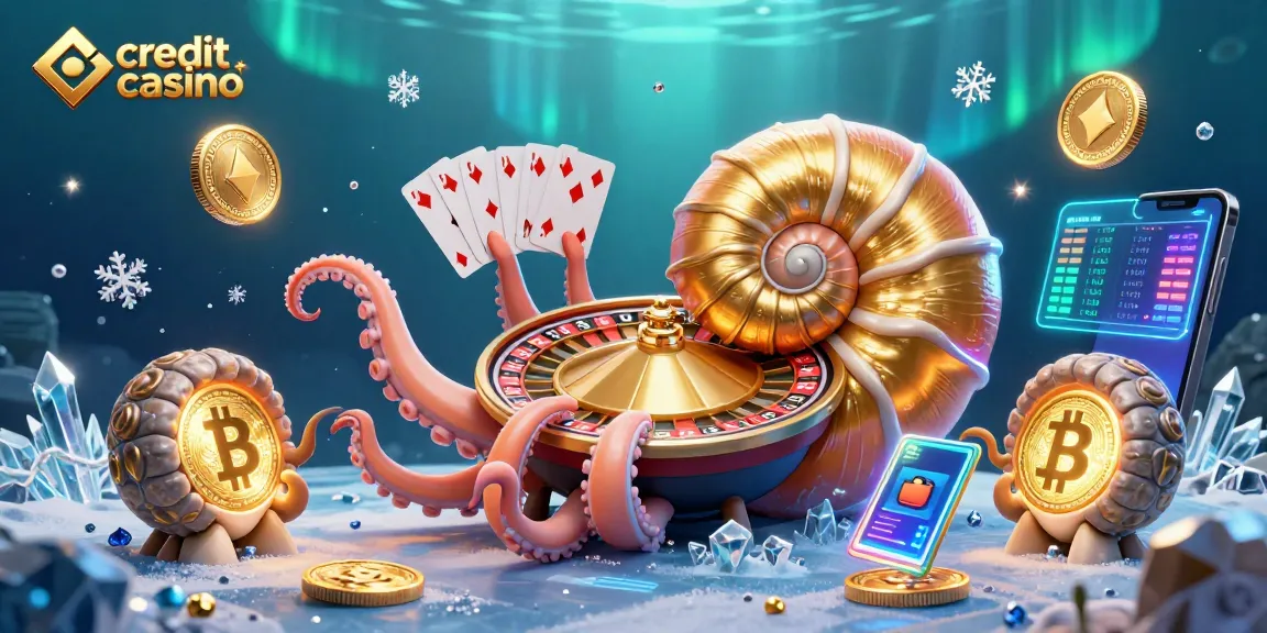 Engage with the credit card casino scene featuring ancient nautilus and glowing gold coins as they interact with vibrant crypto elements.