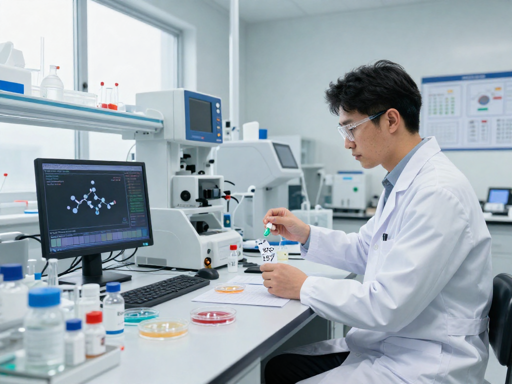 Researcher examining BPC 157 benefits in a modern lab environment.
