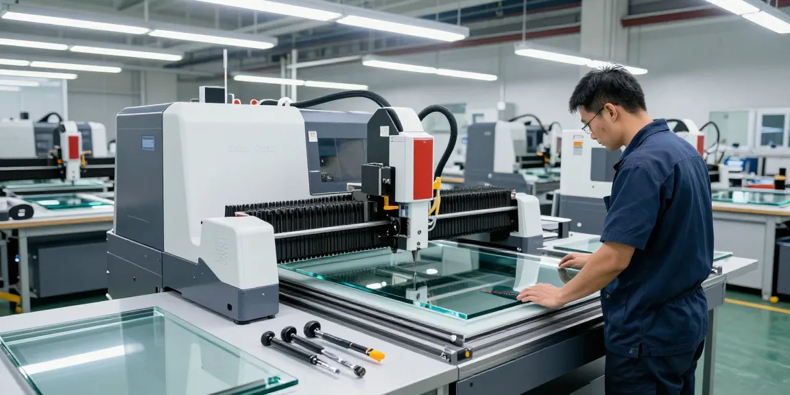 CNC glass cutting machine in a modern workshop, showcasing precise glass processing operations.