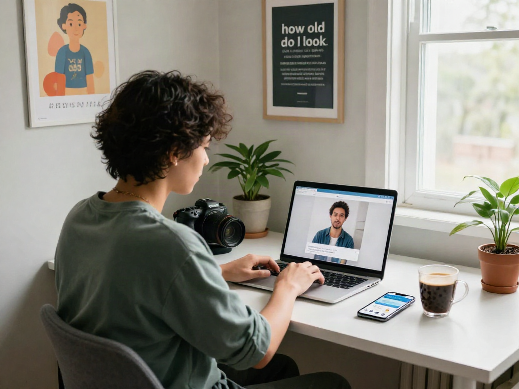 Person exploring how old do I look using a laptop in a bright home office.