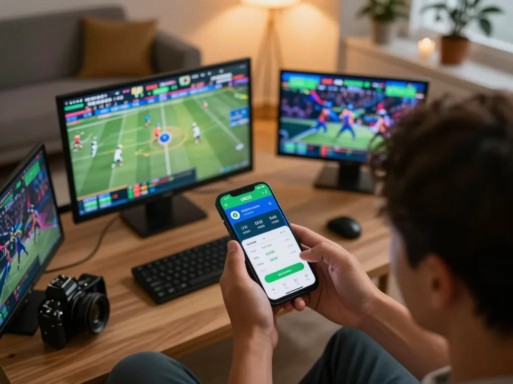 Engaging scene as a user places bets using the VN23 app on their smartphone, immersed in a live sports event.