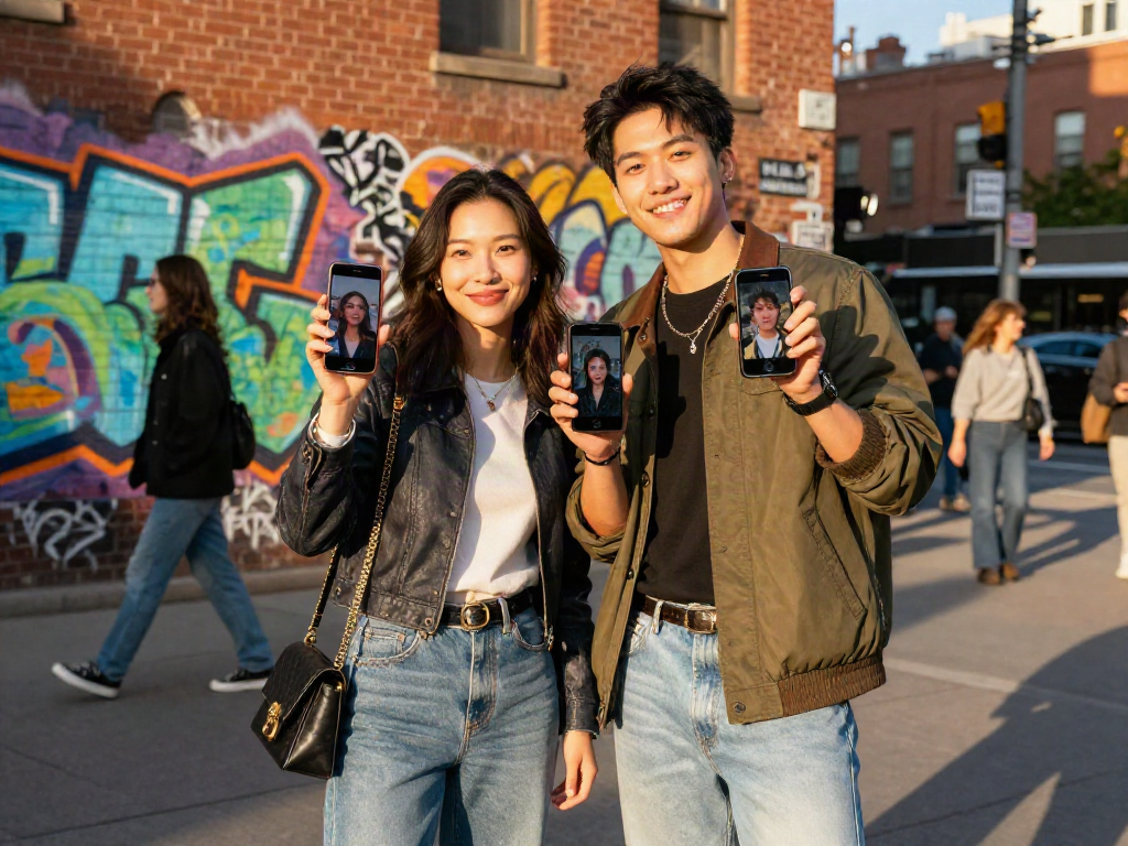 Young adults showcasing who they look like celebrities in a vibrant urban setting