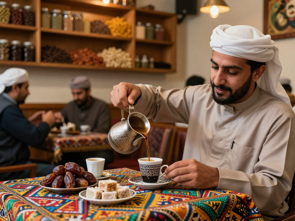 قهوجيين يقوم بإعداد القهوة العربية في مقهى دافئ ومريح مع التواريخ والحلويات.