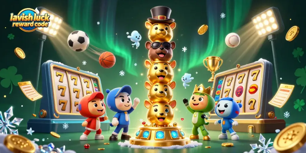 Spin to win with lavish luck reward code in an exciting casino scene of gold coins and sports elements.