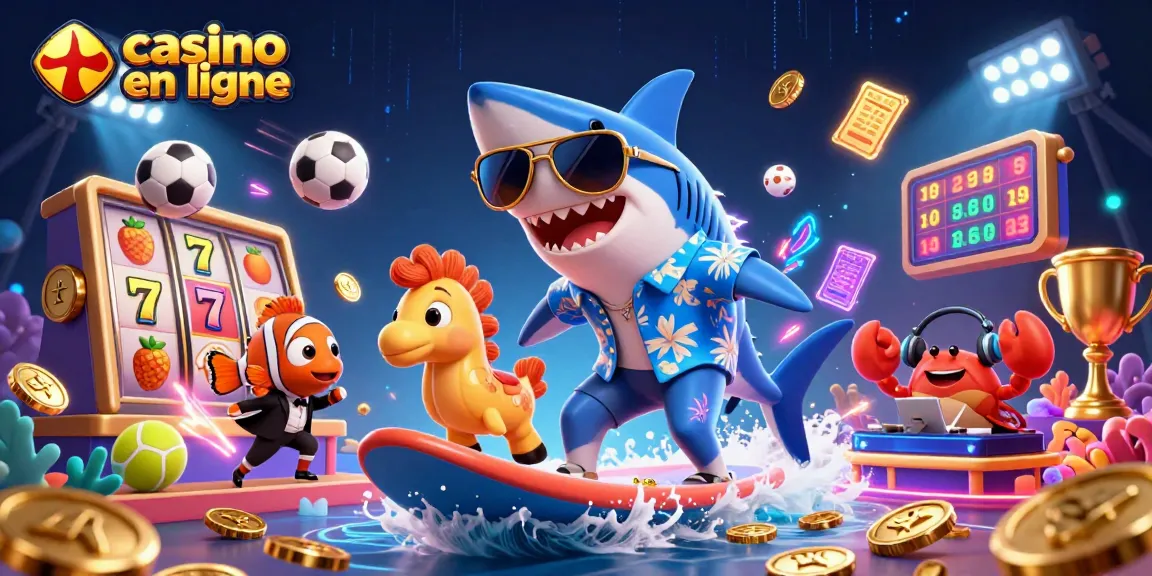 Vivez l'excitation du casino en ligne avec une scène dynamique en 3D de dessins animés mettant en vedette un requin et des éléments de jeu passionnants.