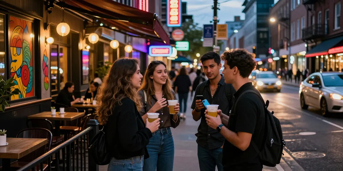Gái gọi trong không gian phố đêm sôi động, tụ họp bạn bè và ánh đèn neon.