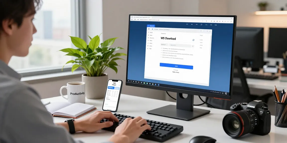 WPS Download interface shown on a professional workspace monitor with a user engaged in productivity.
