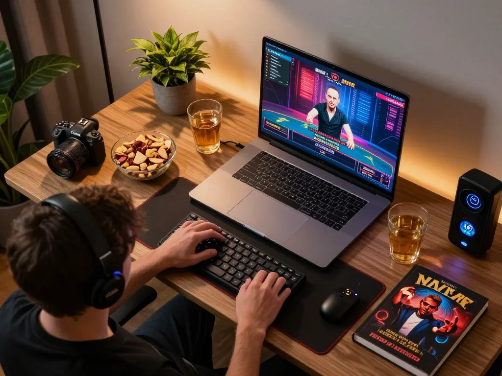 MM99 player engaging in a live dealer game on a laptop at a stylish workspace, showcasing an entertaining online gambling experience.
