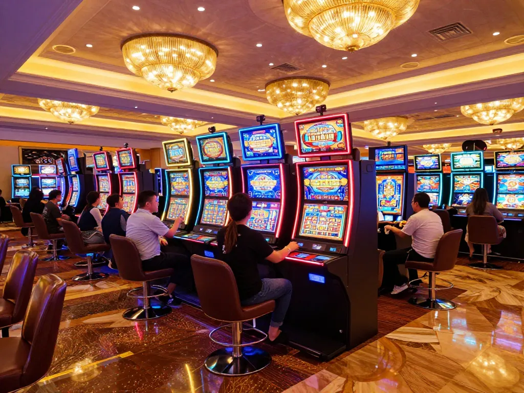 Exciting casino atmosphere with vibrant slot machines and players enjoying their games at hakobhakobyanart.