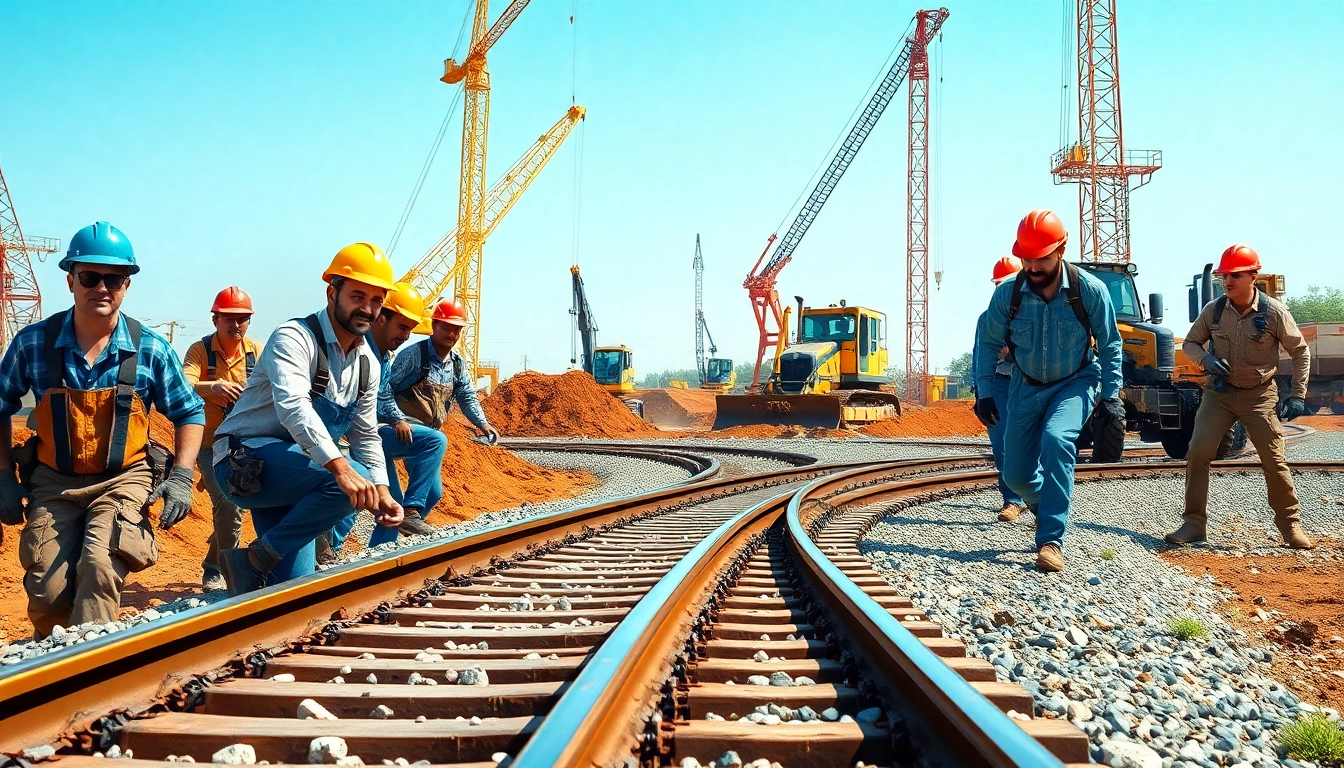 Laying tracks at a Railroad Track Construction Company with diverse workers and heavy machinery.