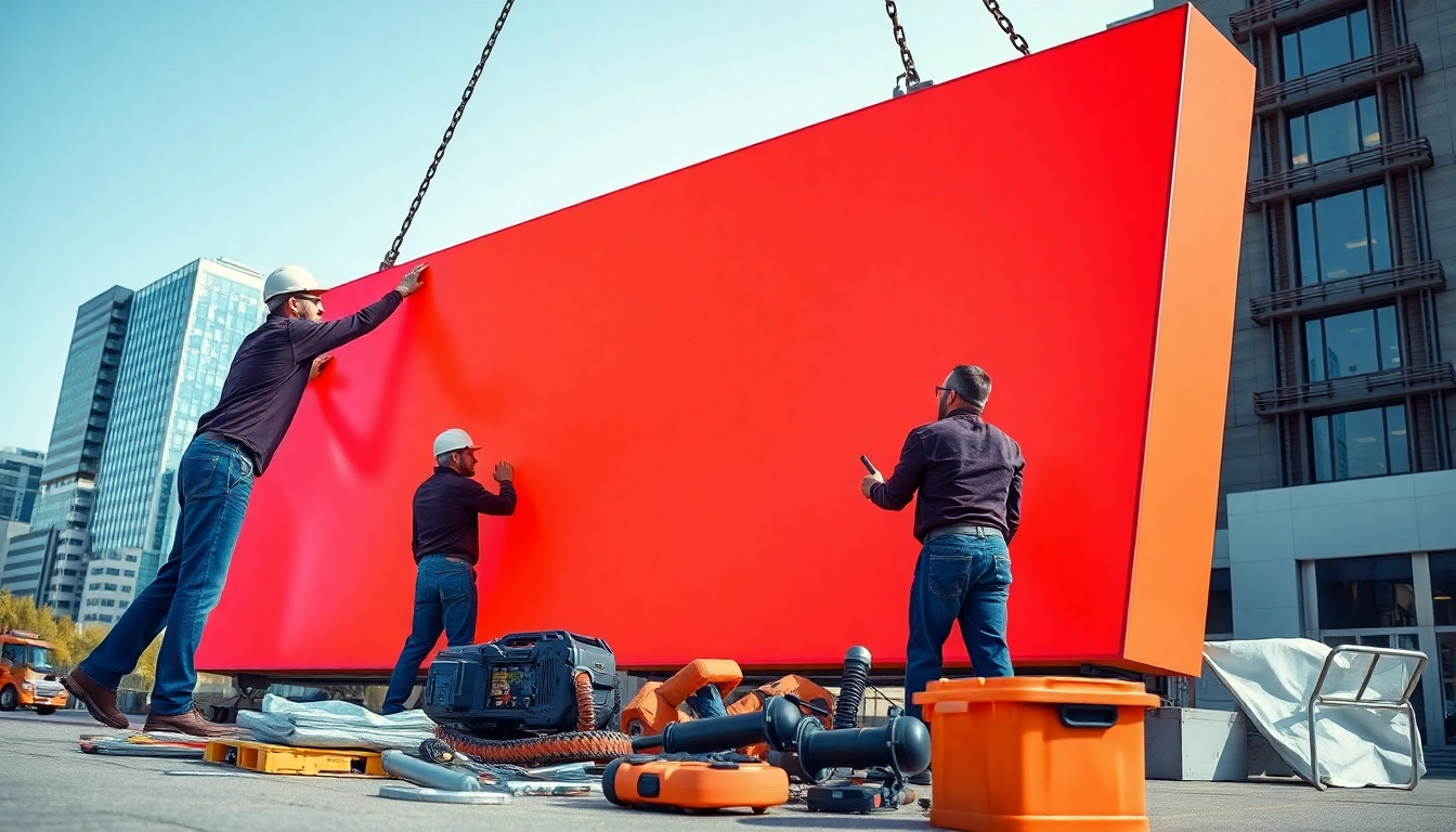 Sign installation team expertly positioning a vibrant outdoor sign in a bustling urban environment.