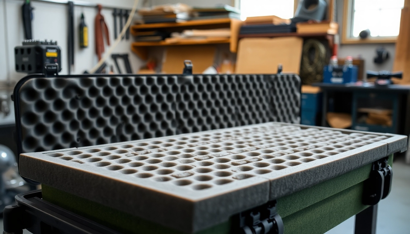 Showcasing foam for rifle case with custom-cut inserts in a workshop setting.