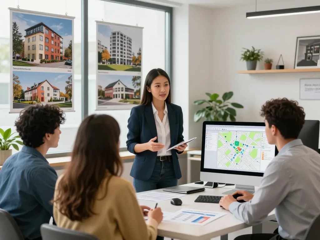 Immobilienmakler Frankfurt Sachsenhausen-Experte, der in einem modernen Büroumfeld Immobilienoptionen mit Kunden bespricht.
