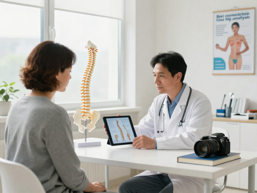 Comprehensive consultation on bel fıtığı ameliyatı in a modern medical office with a surgeon explaining treatment options.