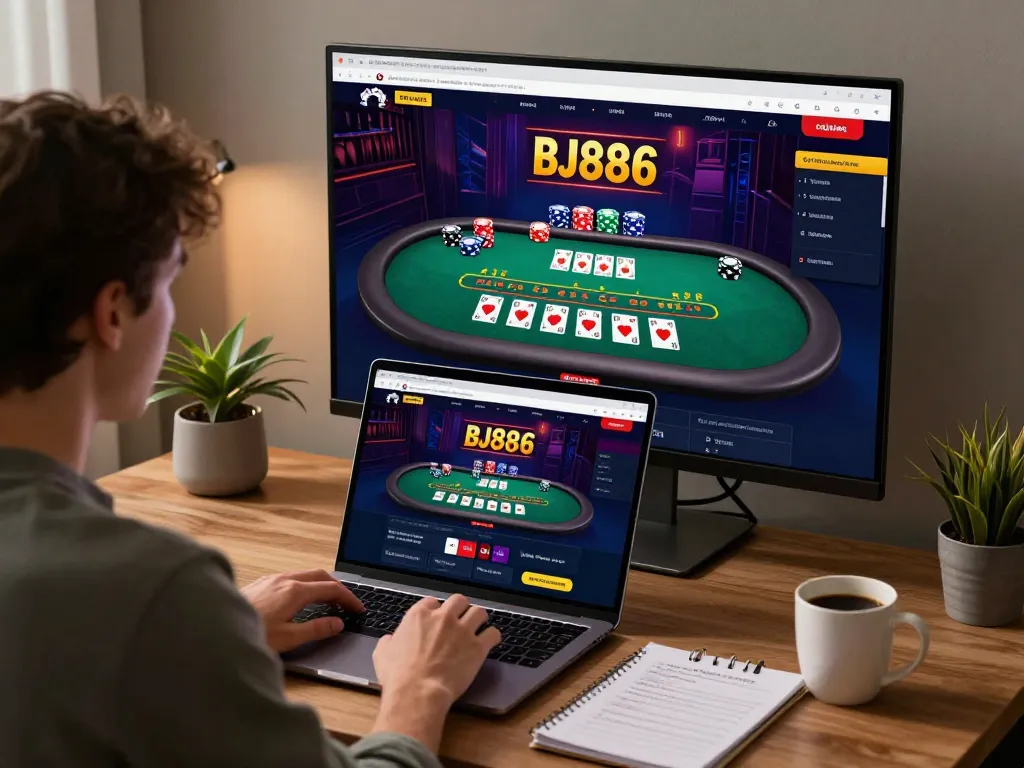 Engaging in a live blackjack session on bj886 casino, showcasing a laptop and strategic notes in a warm home setup.