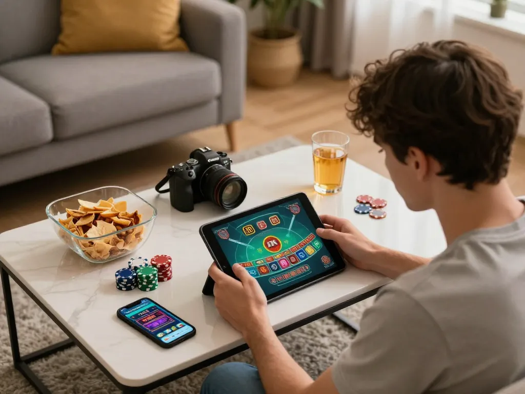 TaiXiuOnline8 player enjoying Tài Xỉu at home, cozy setup with snacks and gaming.