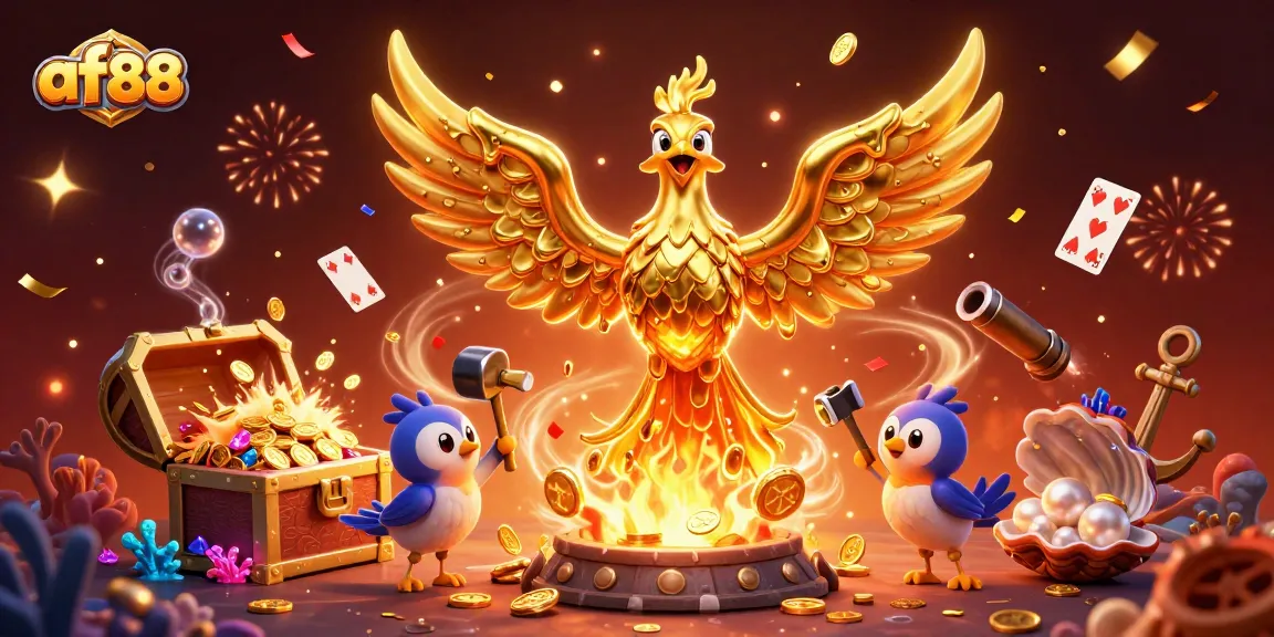 Experience the thrill of winning at af88, showcasing a vibrant phoenix amid gold coins and casino excitement.