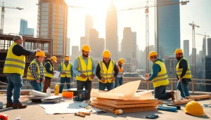 Construction workers collaborating on a project managed by a New York City Commercial General Contractor, showcasing an active site.