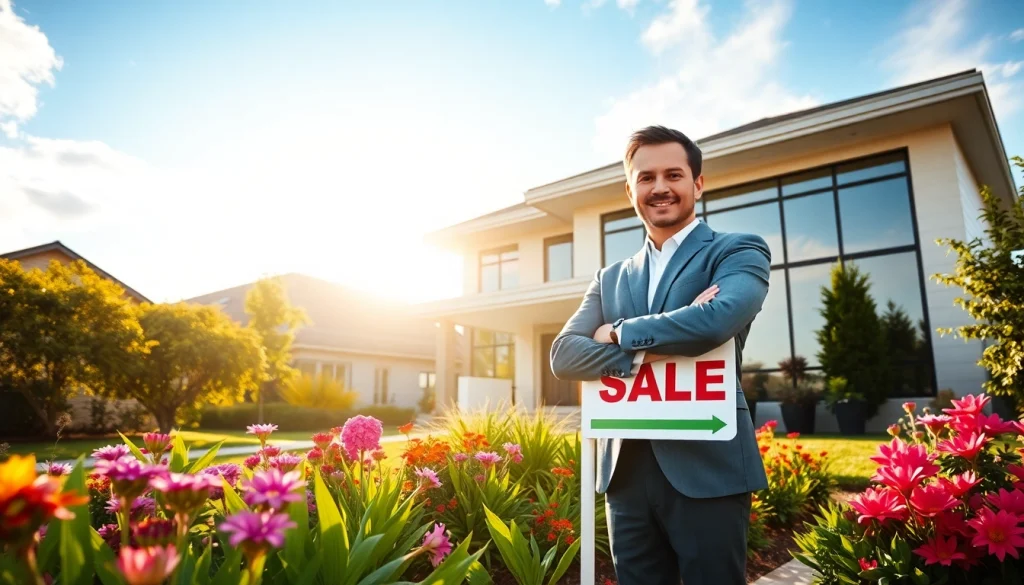 Showcase real estate agent highlighting a modern home for sale.