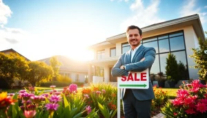 Showcase real estate agent highlighting a modern home for sale.