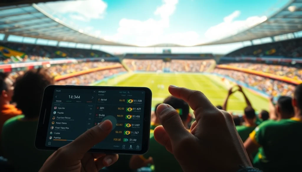 Engaging atmosphere of best sportsbooks Brazil with bettors and a mobile device displaying odds.