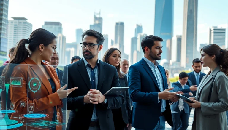 Engaging illustration of technology depicting a diverse group using digital devices in a vibrant urban environment.