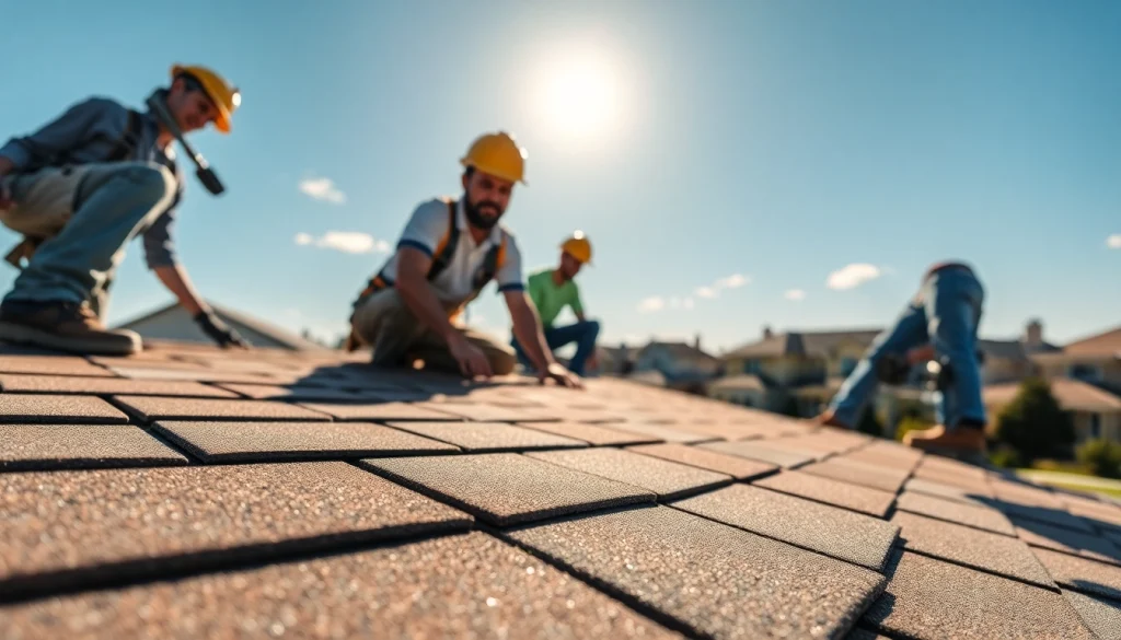 Showcasing Professional roofing services with skilled workers installing a new roof, depicting craftsmanship.