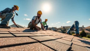 Showcasing Professional roofing services with skilled workers installing a new roof, depicting craftsmanship.