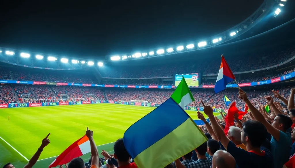 축구중계에 열광하는 팬들로 가득한 경기장 사진