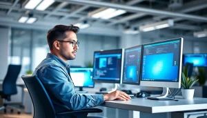 Interact with Virtual Desktop Infrastructure (VDI) in a modern office setting highlighting productivity.