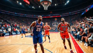 nba중계를 하는 긴장된 농구 선수와 응원하는 팬들