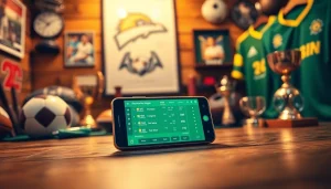 Engaging smartphone display for online sportsbooks India amidst sports memorabilia, showcasing betting options.