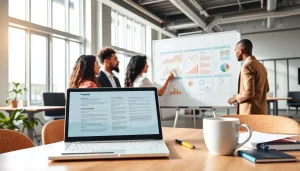 Showcasing Proposal Writing and Management through a collaborative office workspace scene.