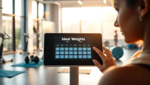 Engaging scene showing a user interacting with an ideal weight calculator in a bright gym setting.