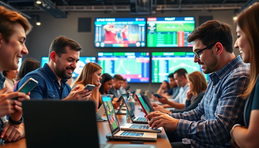 Engaged group participating in online sports betting Georgia, showcasing an energetic betting scene.