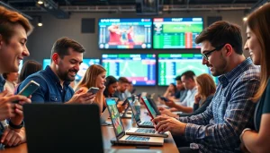 Engaged group participating in online sports betting Georgia, showcasing an energetic betting scene.