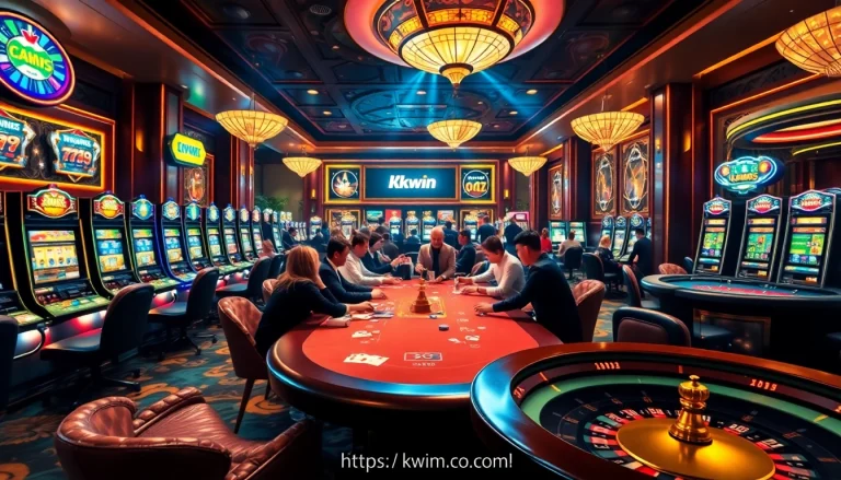 Experience the vibrant energy of gambling at https://kkwin.co.com/ with players engaging at a poker table.