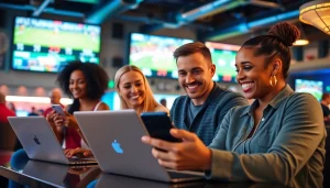 Engaged users in online sports betting Oklahoma enjoying a vibrant, sports-themed atmosphere.