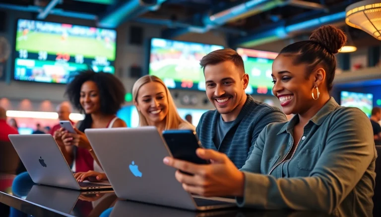 Engaged users in online sports betting Oklahoma enjoying a vibrant, sports-themed atmosphere.